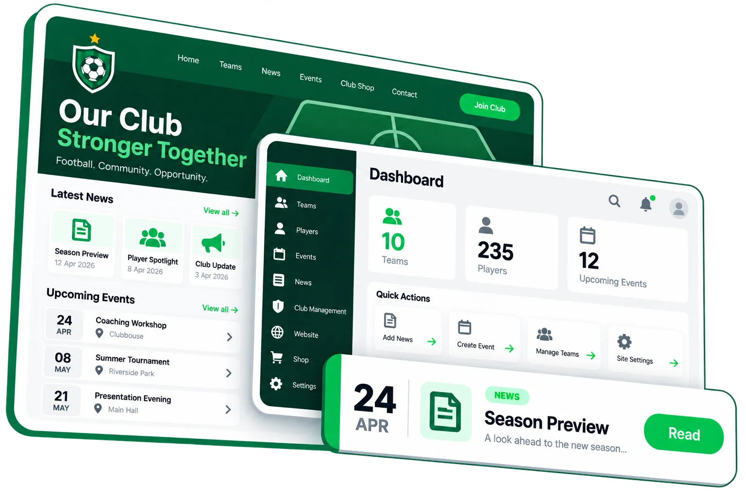 A club website alongside the GrassrootsFC admin dashboard.