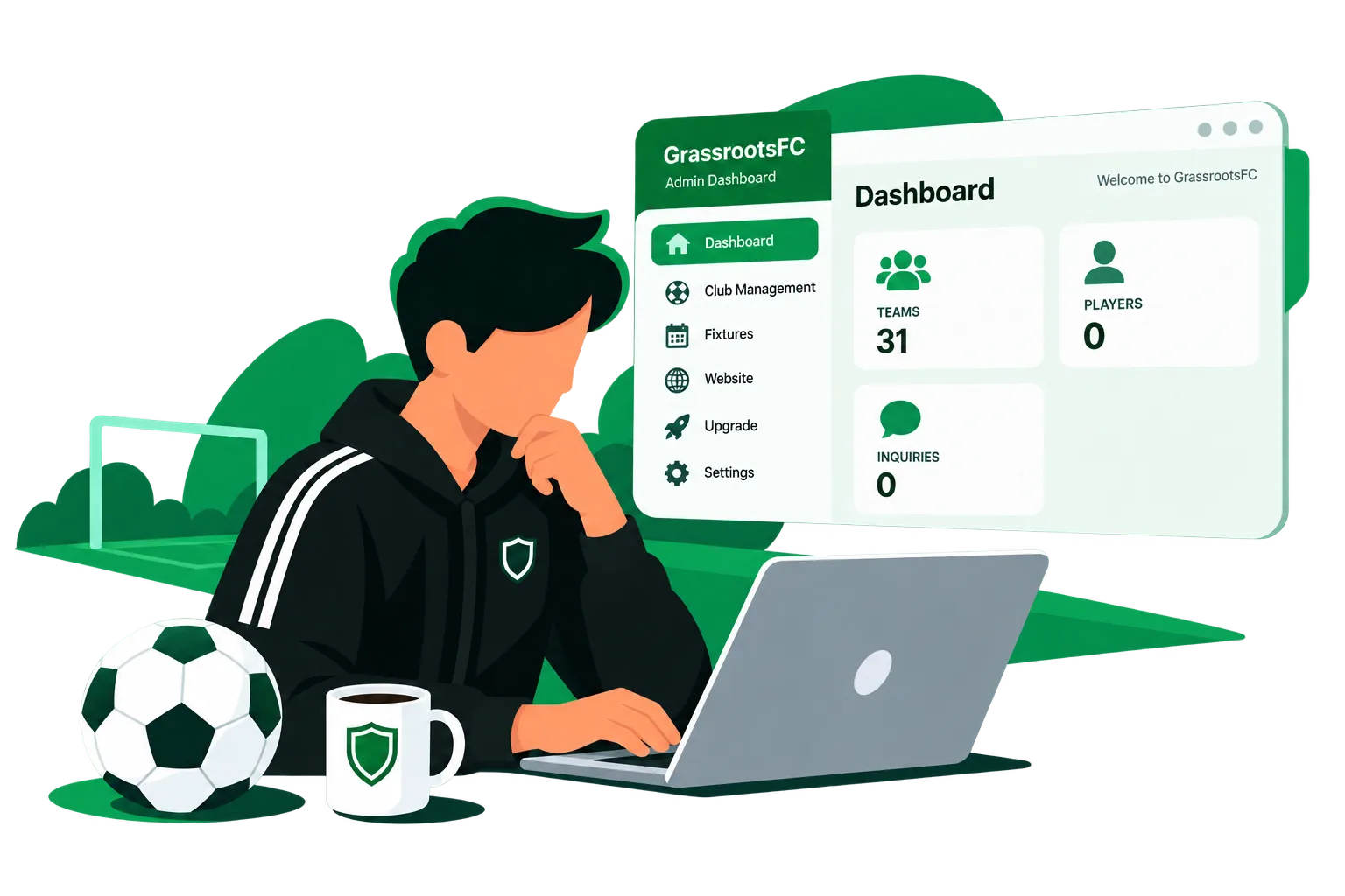 A club volunteer running their team from a laptop, with the GrassrootsFC admin dashboard alongside.
